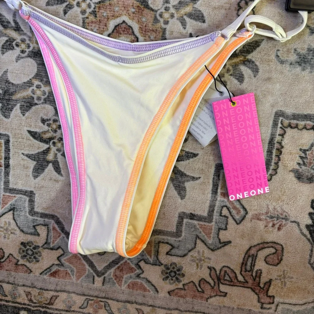 ONEONE Bikini Set Cream Neon Rainbow Stitch Cutout Triangle Top High Cut Bottoms